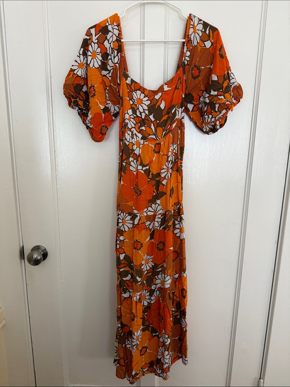 Faithfull the Brand Orange Floral Puff-Sleeve Maxi Dress